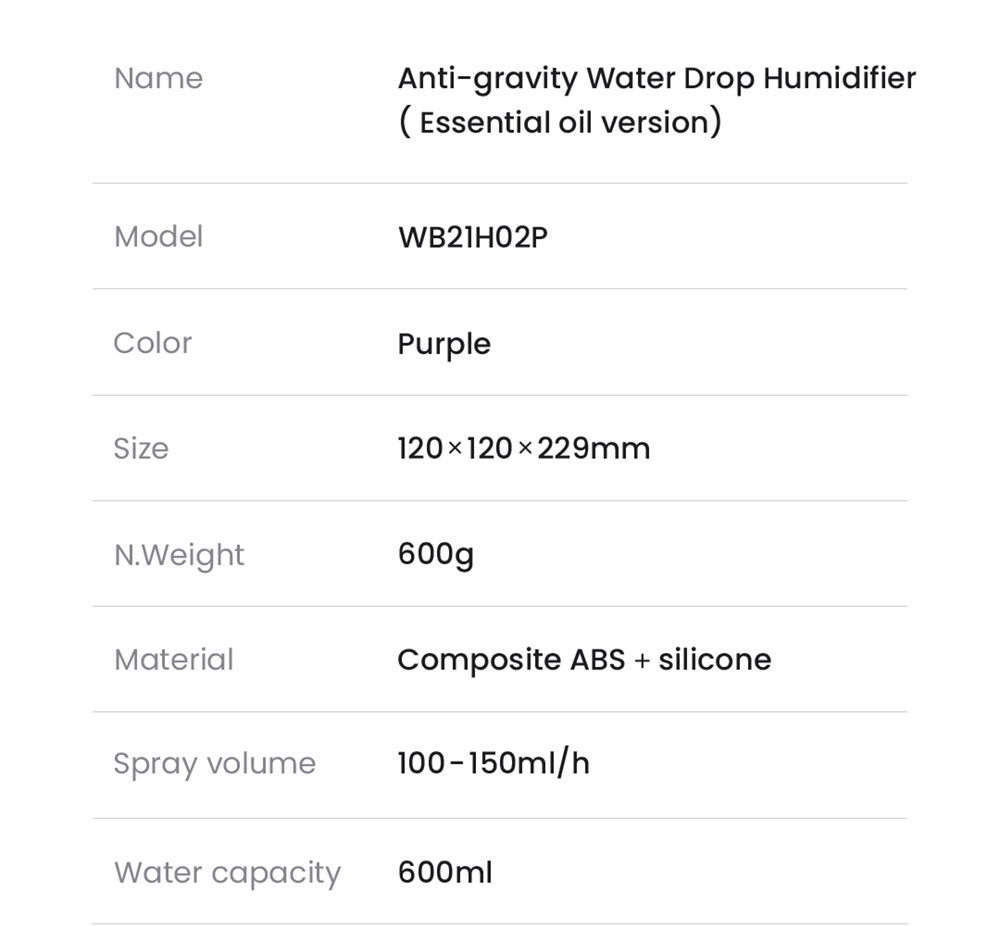 Winben Anti Gravity Levitating Water Drop Humidifier, Essential Oil Incense, 600ml Water Tank, Dual Humidification Mode, EU Plug - Purple