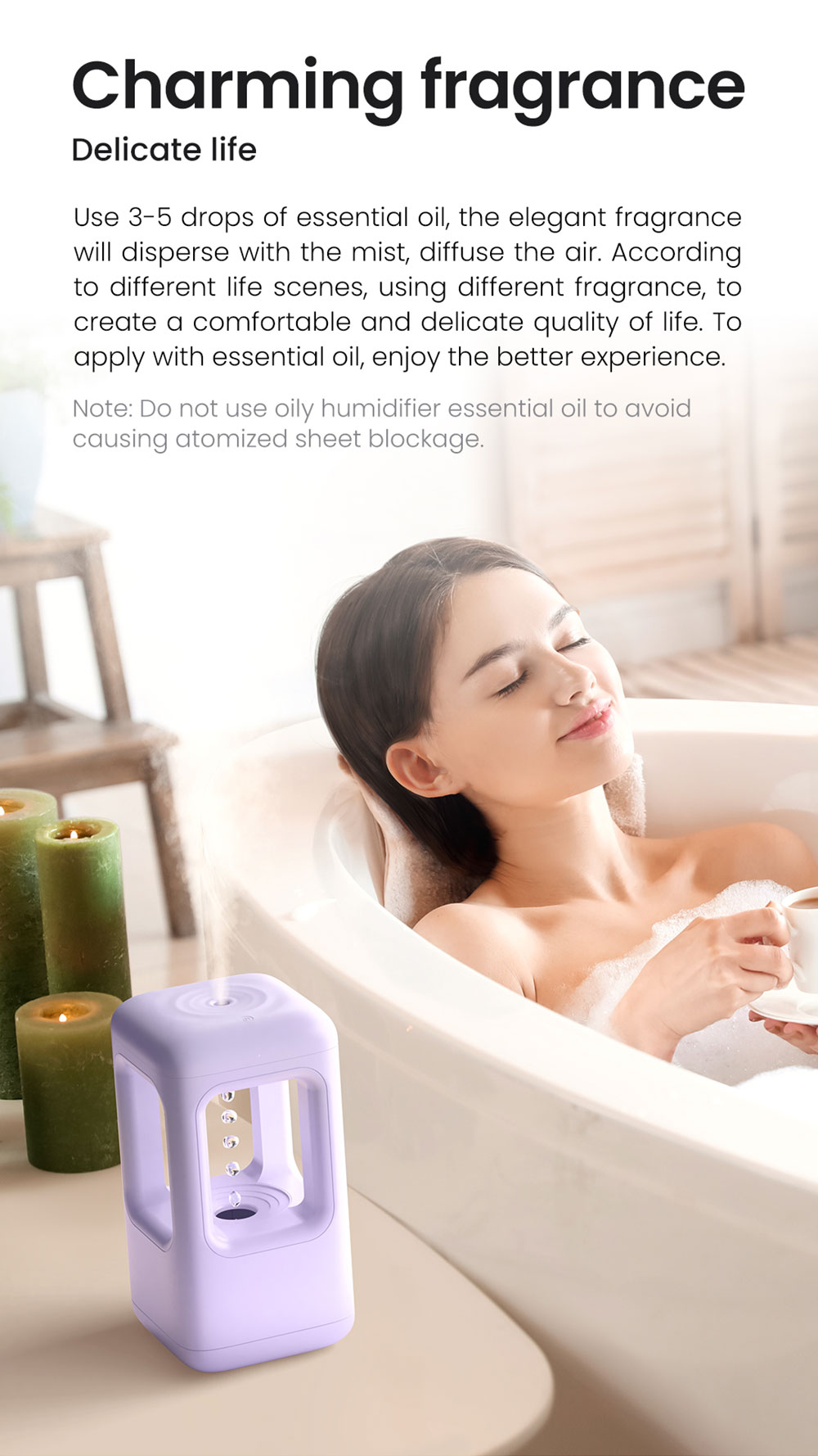 Winben Anti Gravity Levitating Water Drop Humidifier, Essential Oil Incense, 600ml Water Tank, Dual Humidification Mode, EU Plug - Purple