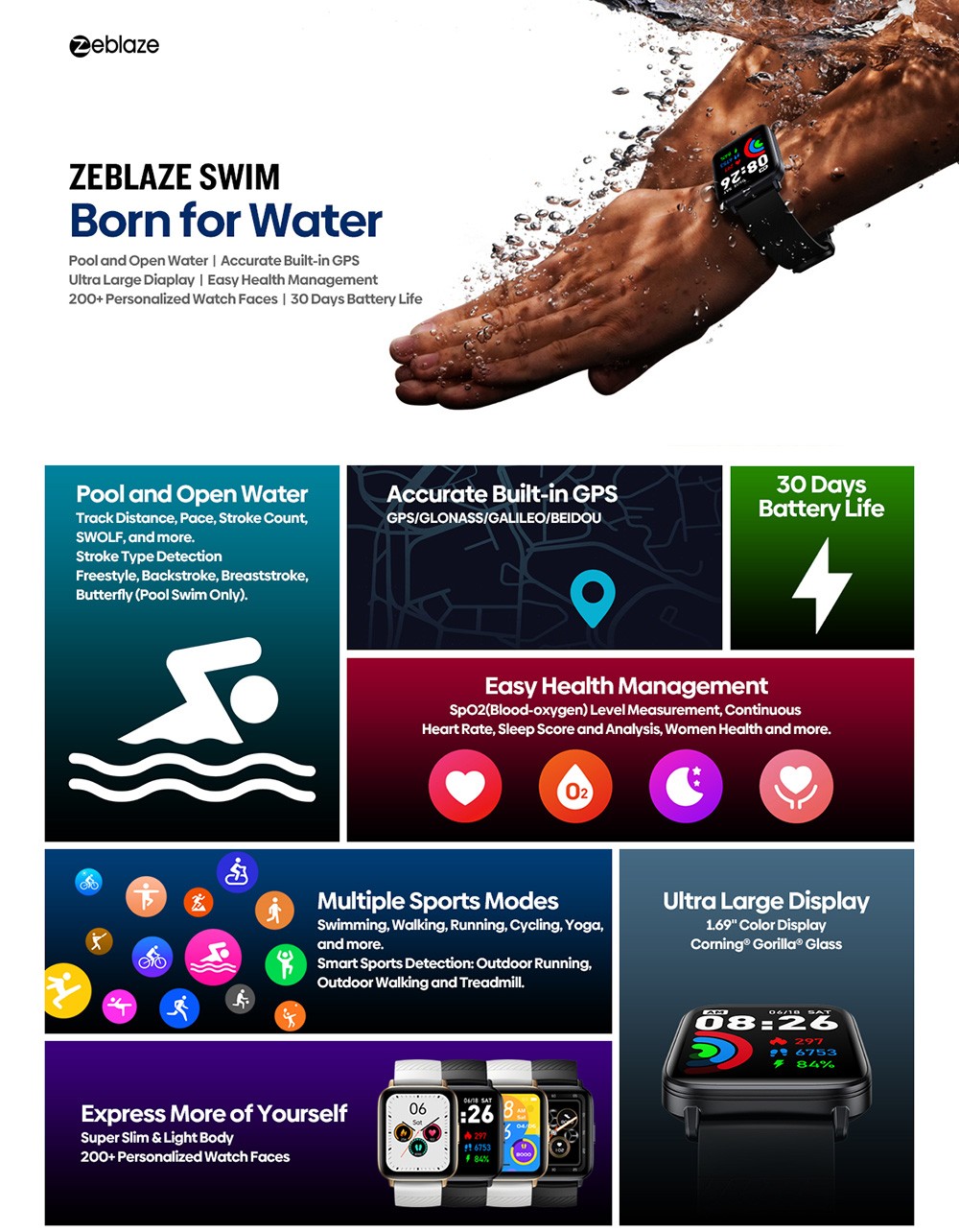 Zeblaze Swim GPS Swimming Smartwatch for Pool and Open Water 1.69'' Large Color Display 24H Health Monitor - Golden