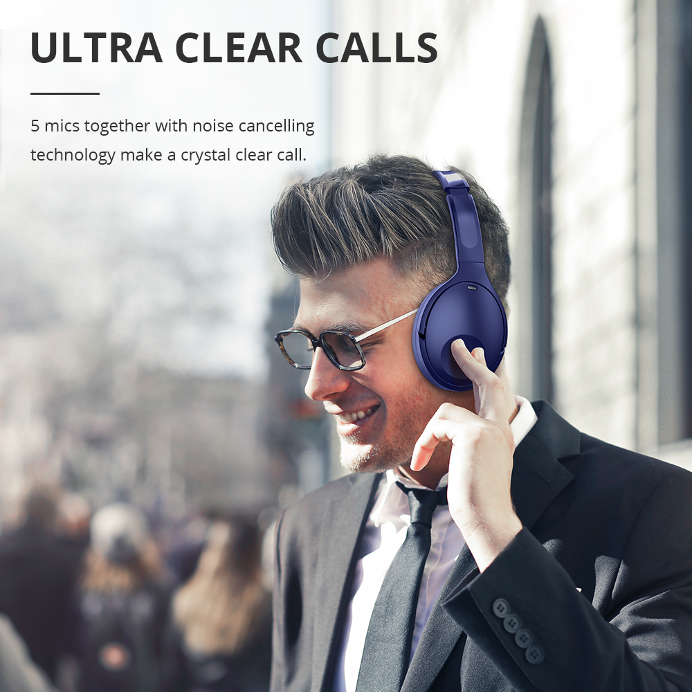 Tronsmart Apollo Q10 ANC Active Noise Cancelling Bluetooth Headphones Reduce noise level up to 35dB 40mm Audio Driver 100 Hours Battery Life 5 Mics Deep Bass Adjustable Headband For Travel Home Office, Blue