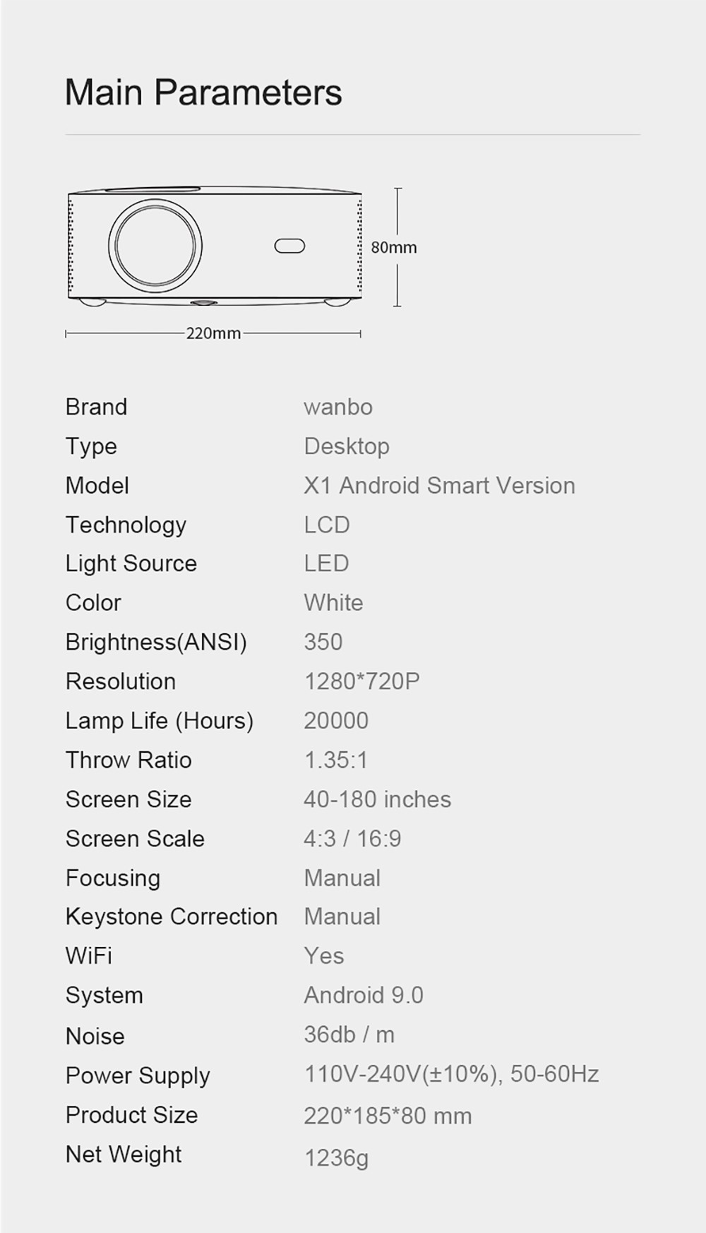 Wanbo X1 Pro Smart Projector Android 9.0 1GB+8GB Memory, 720P HD HDR Keystone Correction 2.4G WiFi Home Theater EU Plug