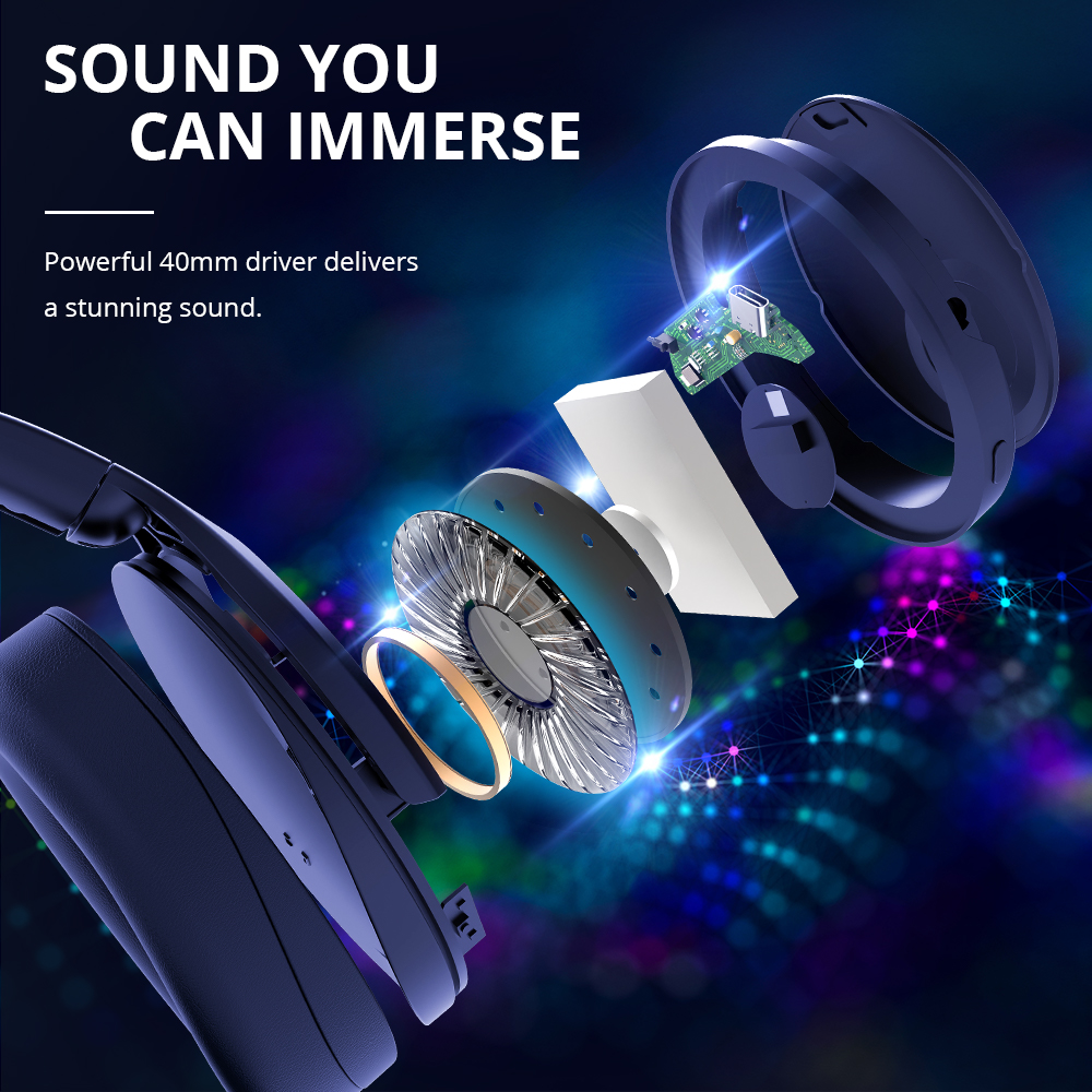 Tronsmart Apollo Q10 ANC Active Noise Cancelling Bluetooth Headphones Reduce noise level up to 35dB 40mm Audio Driver 100 Hours Battery Life 5 Mics Deep Bass Adjustable Headband For Travel Home Office, Blue