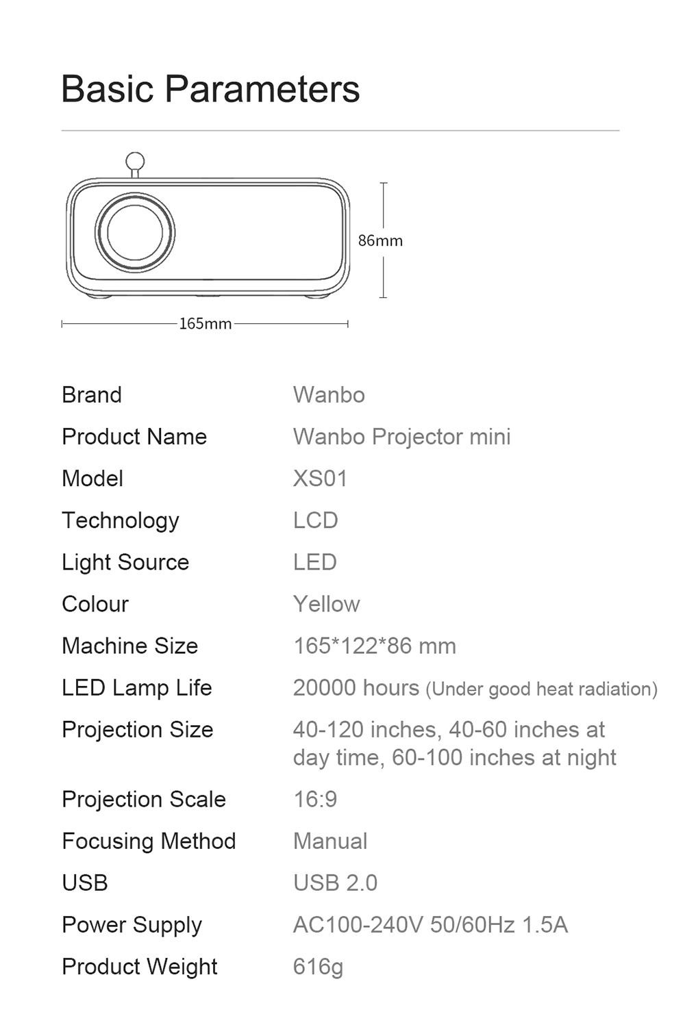 Wanbo XS01 Mini LED Projector Handheld Projection 200ANSI Lumens 1080P Support 120 Inch Screen Fresh Classic EU Plug