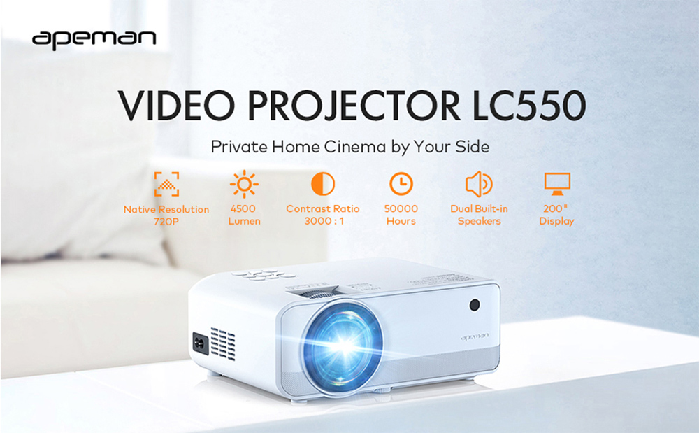 Apeman 4000 Lumen 720P Supported Mini Projector, 200'' Display 50000 Hrs LED Life, Dual Speakers Portable Projector