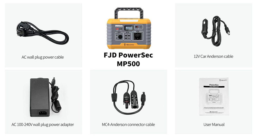 FJDynamics PowerSec MP500 Power Station, 520Wh 500W Pure Sine Wave AC Output, 10W Wireless Charging, 8 Output Ports, LED Light - EU Plug