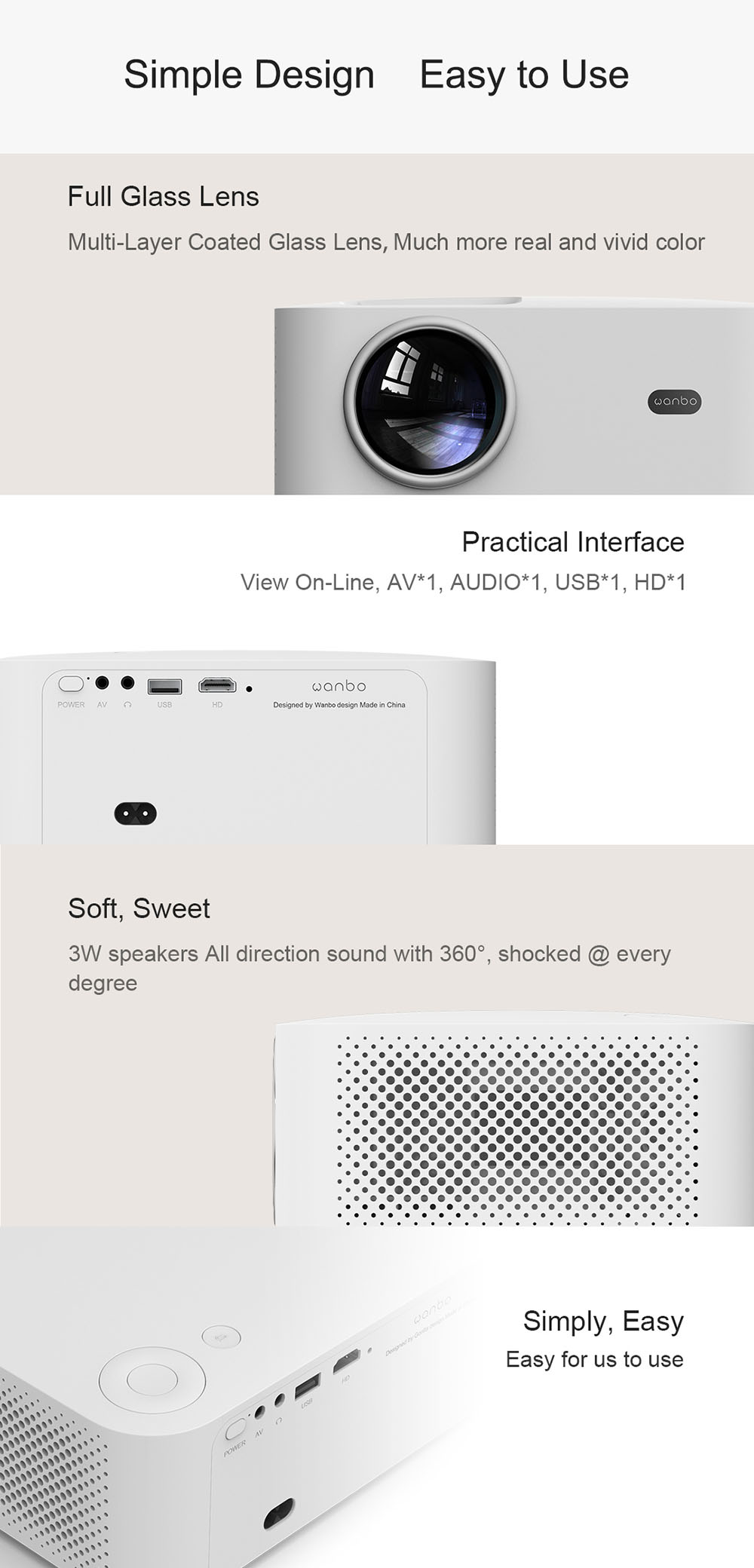 Wanbo X1 Mini Projector 720P HD HDR Smart Projector Keystone Correction for Home Office EU Plug - White