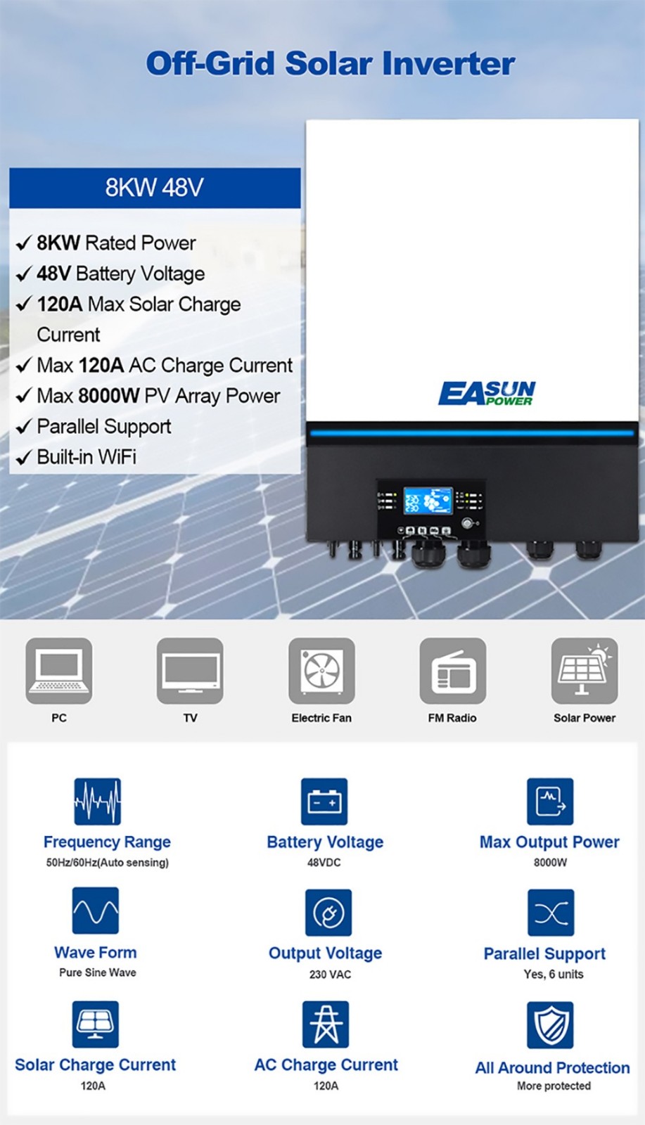 EASUN POWER 8000W Off-Grid Solar Inverter, MPPT 120A Solar Charger, 500V DC PV Input, 48V DC Battery, 230V AC Pure Sine Wave, Parallel Up to 6 Units, Built-in WiFi