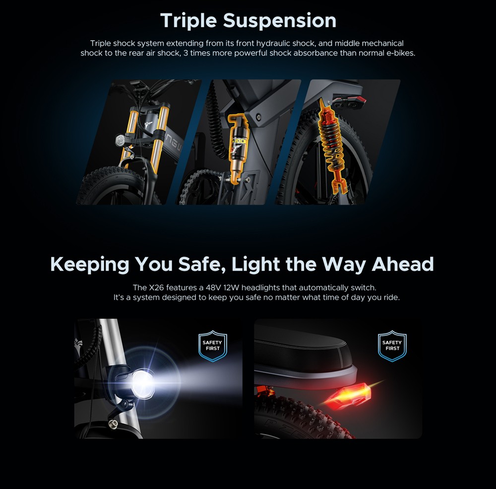 ENGWE X26 Elektrobicykel 26*4,0 palcov Fats 50Km/h Max Speed 48V 1000W Motor 19.2Ah & 10Ah Duálne batérie pre dojazd 100 km Maximálne zaťaženie 150 kg Trojitý systém odpruženia Shimano 8-rýchlostný prevod Duálne hydraulické kotúčové brzdy pre horský elektrobicykel do každého terénu