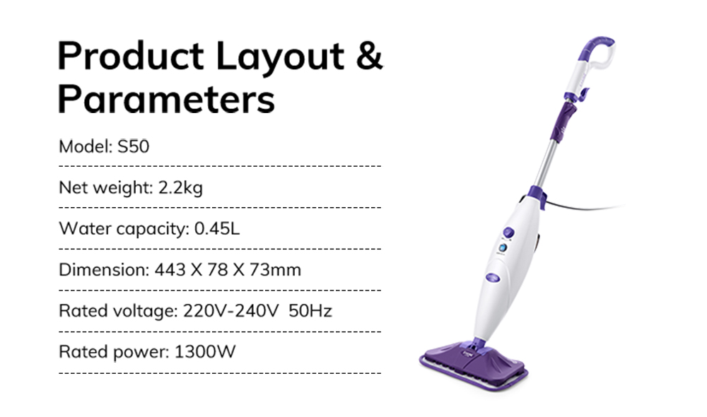 EASINE by ILIFE S50 Wired Steam Mop 1300W Power 450ml Water Tank 10 Levels Adjustable 20s Fast Steam 120 Degree Celsius High-Temperature 99% Sterilization Overheat Protection - Purple