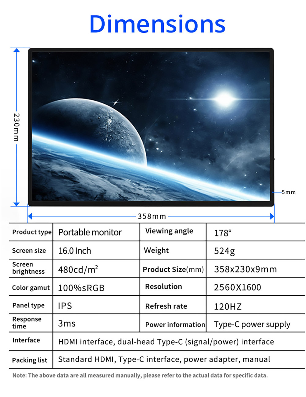 AOSIMAN 160QC Portable Monitor 16 Inch 2.5K 144Hz, 2560*1600 16:10 100%sRGB 480Cd/m² Display Game Screen