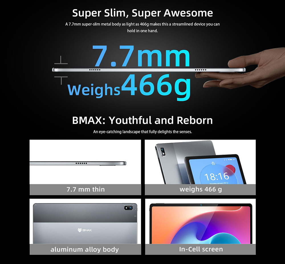 BMAX I11PLUS 4G Tablet, Android 12 T616 CPU, 10.36'' 2K 1PS Screen, 8+128GB Dual Memory, 5MP+13MP Camera 6600mAh Battery