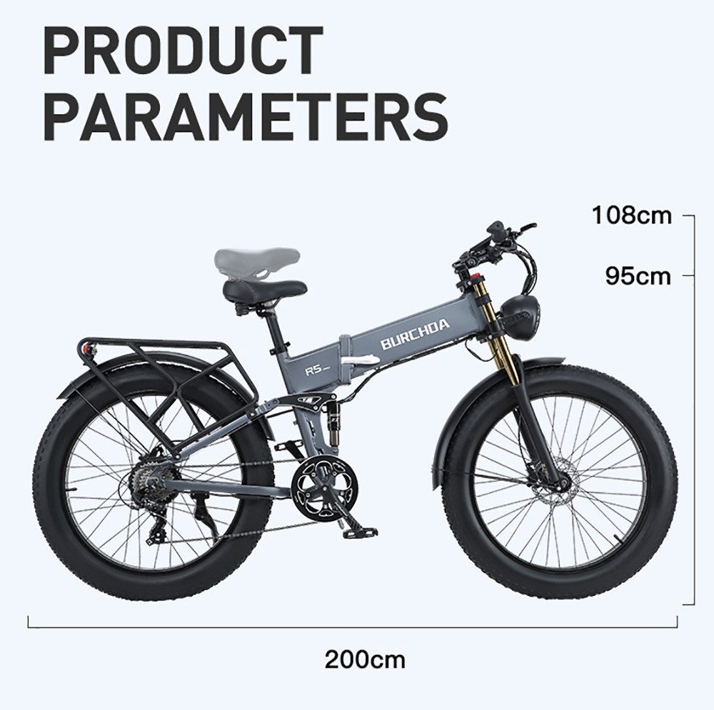 BURCHDA R5 Pro Folding Electric Bike 26*4.0 Inch Fat Tire 1000W Motor 50Km/h Max Speed 48V 15Ah Battery For 60km Range Double Shock Absorbers - Grey 25 BURCHDA R5 Pro Folding Electric Bike 26*4.0 Inch Fat Tire 1000W Motor 50Km/h Max Speed 48V 15Ah Battery For 60km Range Double Shock Absorbers - Grey -rockbros-shop BURCHDA R5 Pro Electric Bike 26 4 0 inch Tire Grey 518790 15