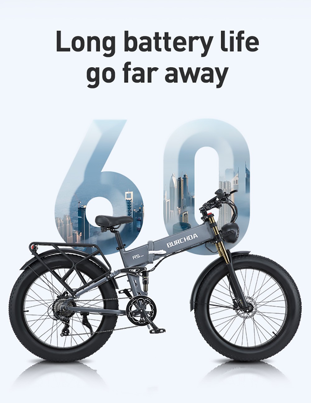 BURCHDA R5 Pro Folding Electric Bike 26*4.0 Inch Fat Tire 1000W Motor 50Km/h Max Speed 48V 15Ah Battery For 60km Range Double Shock Absorbers - Grey 12 BURCHDA R5 Pro Folding Electric Bike 26*4.0 Inch Fat Tire 1000W Motor 50Km/h Max Speed 48V 15Ah Battery For 60km Range Double Shock Absorbers - Grey -rockbros-shop BURCHDA R5 Pro Electric Bike 26 4 0 inch Tire Grey 518790 2