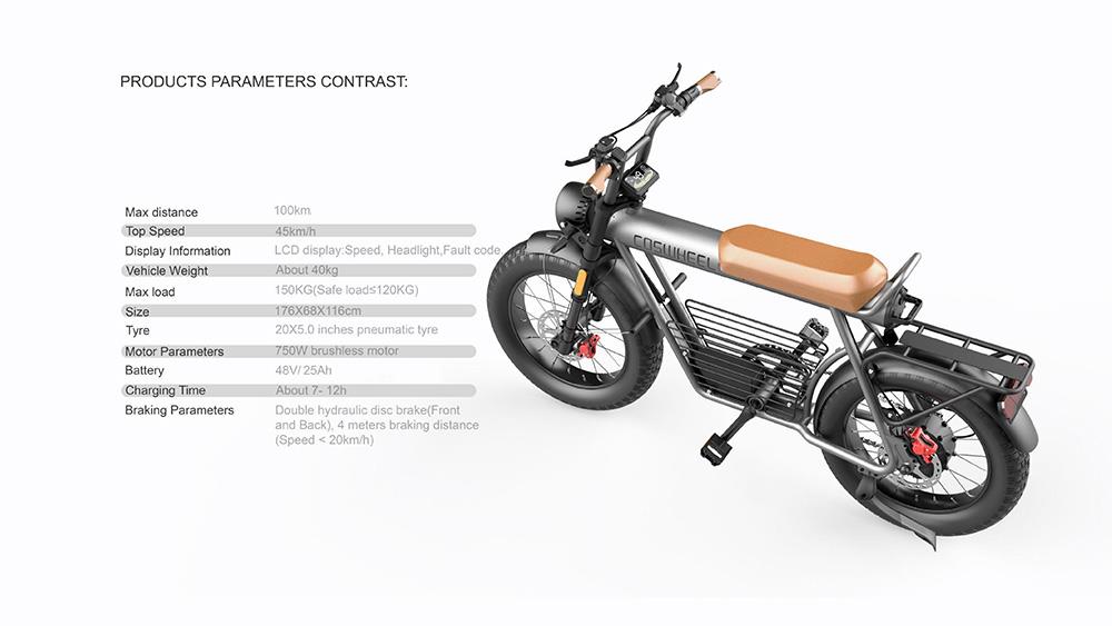 COSWHEEL CT20 Electric Mountain Bike 20*5.0 Inch All-terrain Fat Tire, 750W Brushless Motor 45km/h Max Speed 48V 25Ah Battery 150kg Load -rockbros-shop COSWHEEL CT20 Electric Bike 20 5 0 All terrain Tire 518575 10