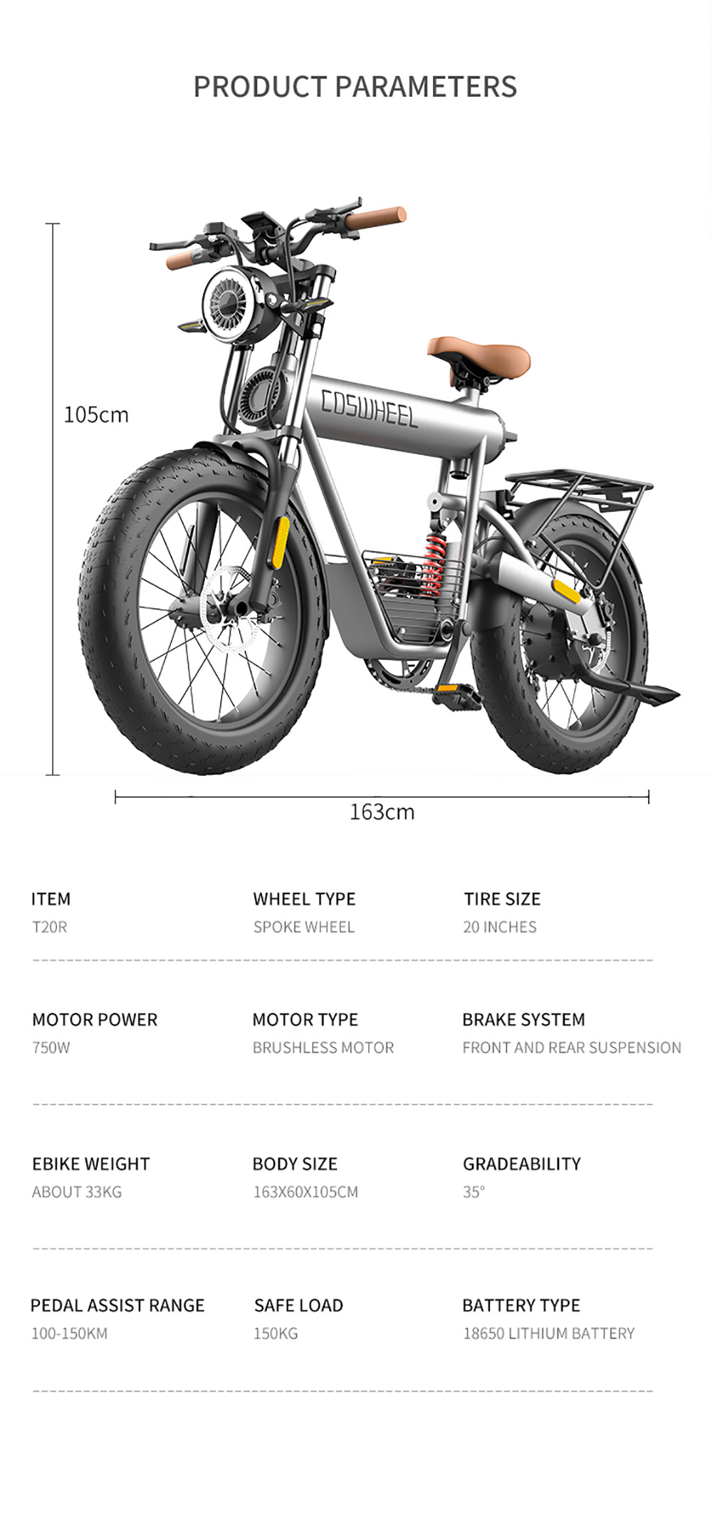 COSWHEEL T20R All-Terrain E-Bike, 20*4.0'' Tires, 750W Brushless Motor 45km/h Max Speed, 20Ah Battery 150kg Load -rockbros-shop COSWHEEL T20R All Terrain E Bike 518573 14