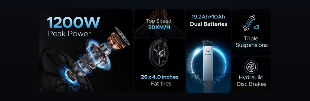 ENGWE X26 Electric Bike 26*4.0 Inch Fat Tires 50Km/h Max Speed 48V 1000W Motor 19.2Ah & 10Ah Dual Batteries For 100KM Range 150KG Max Load Triple Suspension System Shimano 8-Speed Gear Dual Hydraulic Disc Brake For All-Terrain Roads Mountain E-Bike -rockbros-shop ENGWE X26 Electric Bike 48V 1000W Motor 19Ah 7 5Ah Dual Battery 518813 3