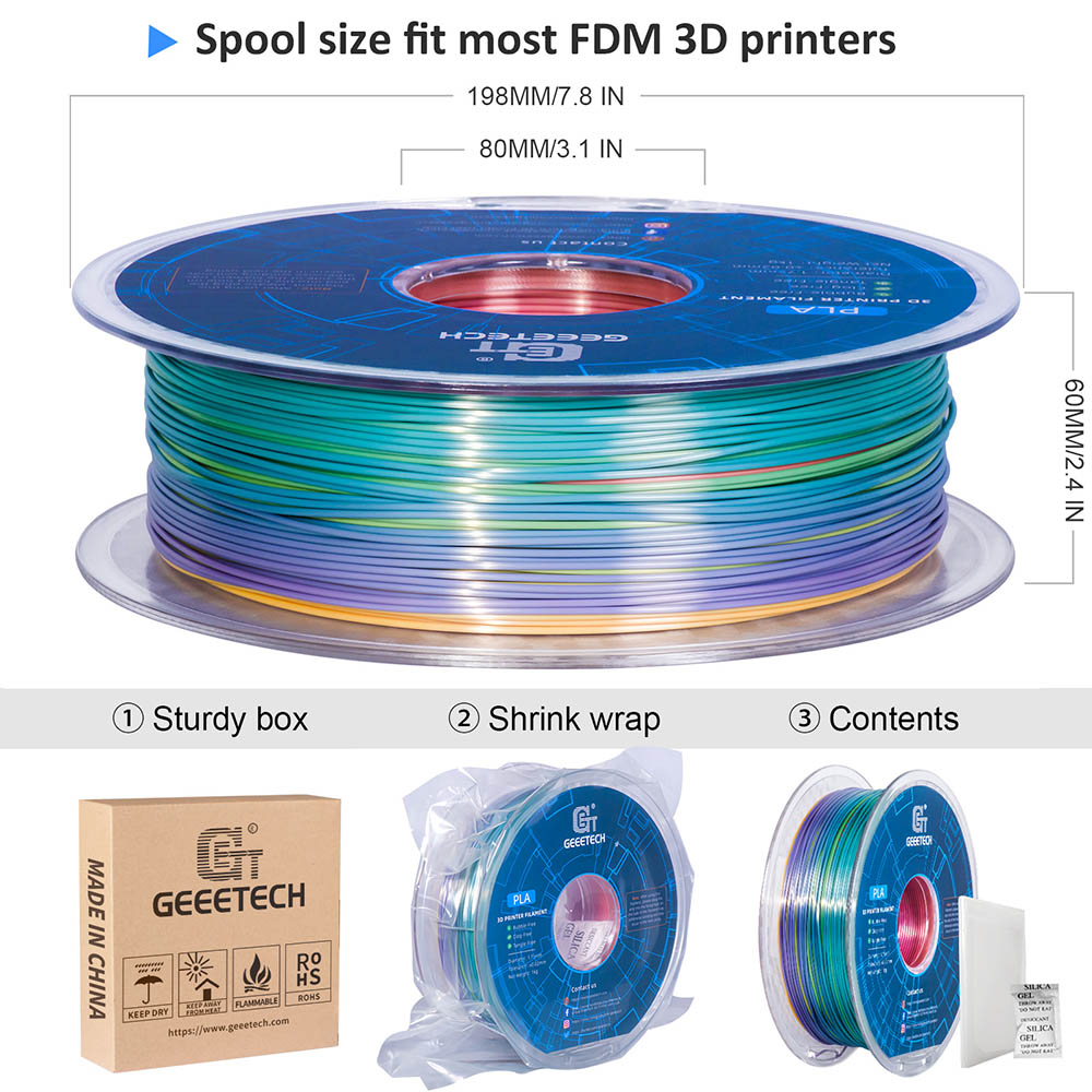 Geeetech Silk PLA Filament For 3D Printer, 1.75mm Dimensional Accuracy +/- 0.03mm 1kg Spool (2.2 Lbs) - Rainbow -BioloMix Shop Geeetech Silk PLA Filament for 3D Printer Rainbow 518564 6