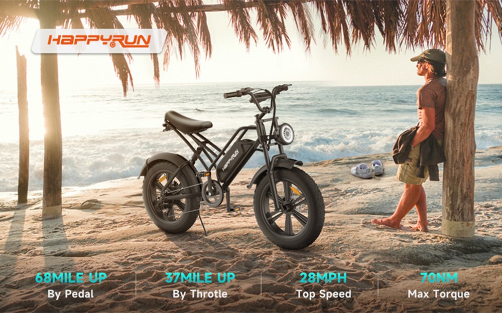 HAPPYRUN HR-G50 Electric Bike 20*4.0 Inch Fat Tires 48V 18Ah Battery 750W Motor 45Km/h Max Speed Retro Ebike Max Load 150kg Shimano 7-Speed Gear -rockbros-shop HAPPYRUN HR G50 Electric Bike 518904 0