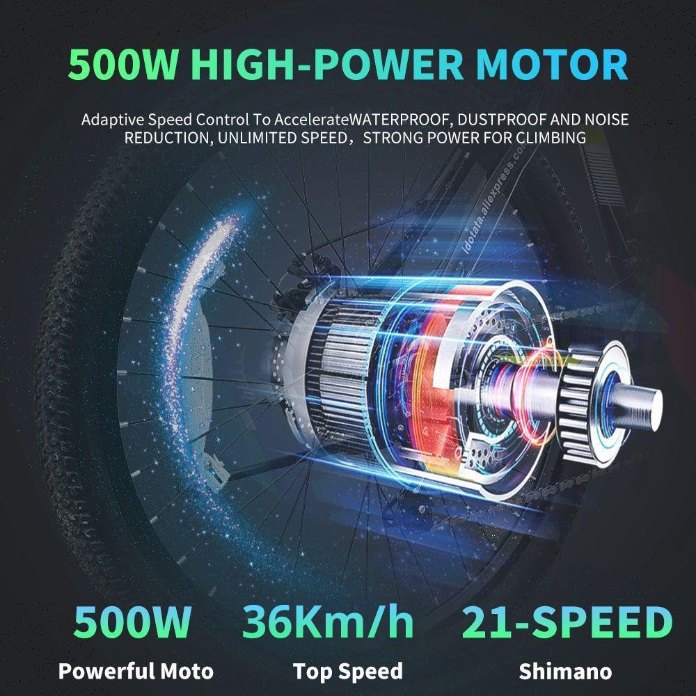 IDOTATA S26-48V Electric Bike 26 Inch Tire 500W Motor 12.8Ah Battery 36Km/h Max Speed, Shimano 21 Speed Gear, 150kg Load -rockbros-shop IDOTATA S26 48V Electric Bike 518843 2