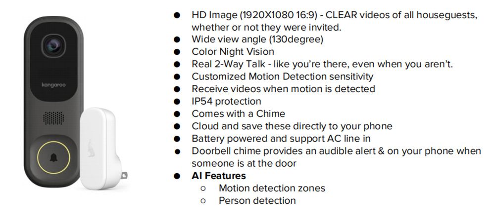 Kangaroo B0010 Smart WiFi Camera Doorbell With Chime, Color Night Vision, Two-Way Talk, On-demand Livestream, Rechargeable Batteries Powered - Black 8 Kangaroo B0010 Smart WiFi Camera Doorbell With Chime, Color Night Vision, Two-Way Talk, On-demand Livestream, Rechargeable Batteries Powered - Black -JIMMY Shop Kangaroo B0010 Smart WiFi Camera Doorbell with Chime Black 518550 0