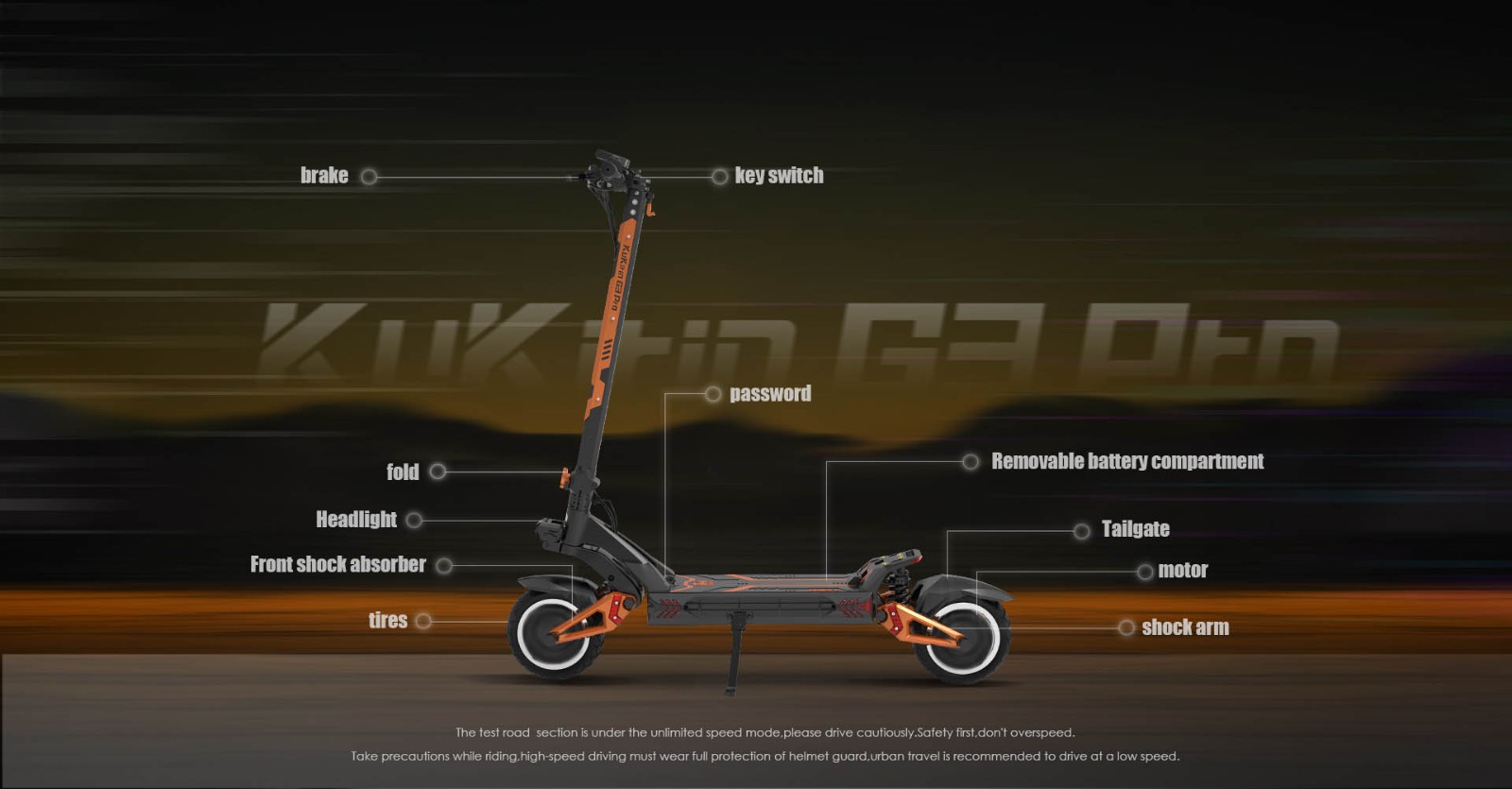KuKirin G3 Pro 1200W*2 Motors Off-Road Electric Scooter 10 Inch Tires, 52V 23.2Ah vymeniteľná batéria, maximálny dojazd 80 km, maximálna rýchlosť 65 km/h, dvojitý tlmič nárazov, vodotesnosť IP54, dvojité olejové brzdy