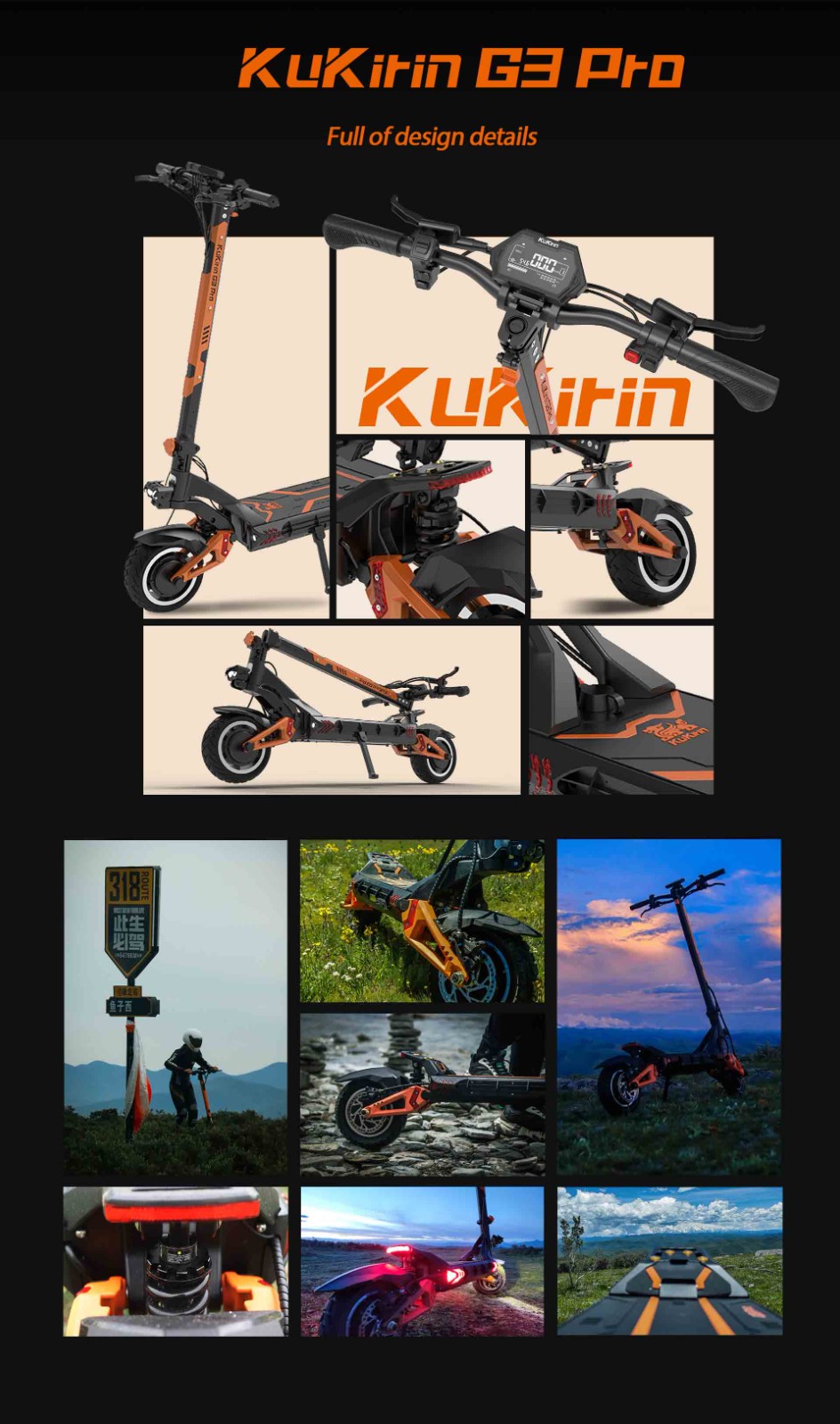 KuKirin G3 Pro 1200W*2 Motors Off-Road Electric Scooter 10 Inch Tires, 52V 23.2Ah vymeniteľná batéria, maximálny dojazd 80 km, maximálna rýchlosť 65 km/h, dvojitý tlmič nárazov, vodotesnosť IP54, dvojité olejové brzdy