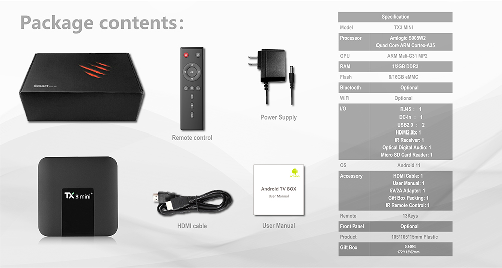 TANIX TX3 Mini+ TV BOX Android 11 Amlogic S905W2 Quad Core ARM Cortex A35 4G RAM 64GB ROM 2.4G+5G WIFI 4K AV1