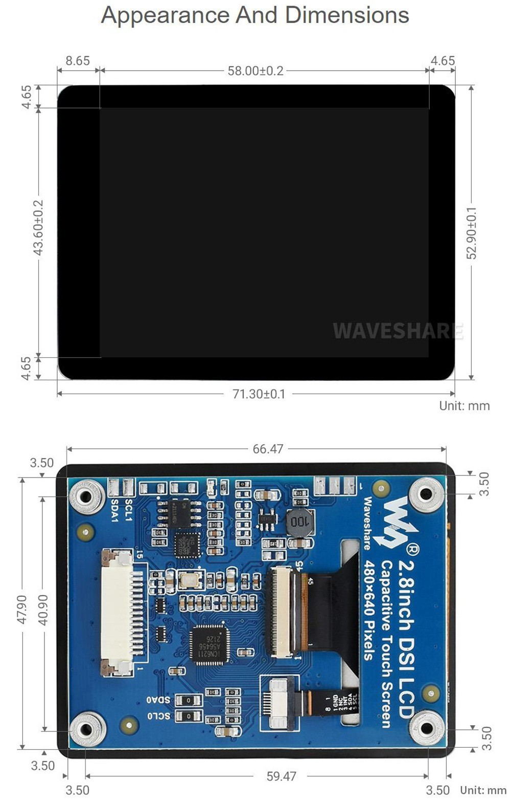 Waveshare 28inch Capacitive Touch Display For Raspberry Pi 480x640 Dsi Ips Optical Bonding 