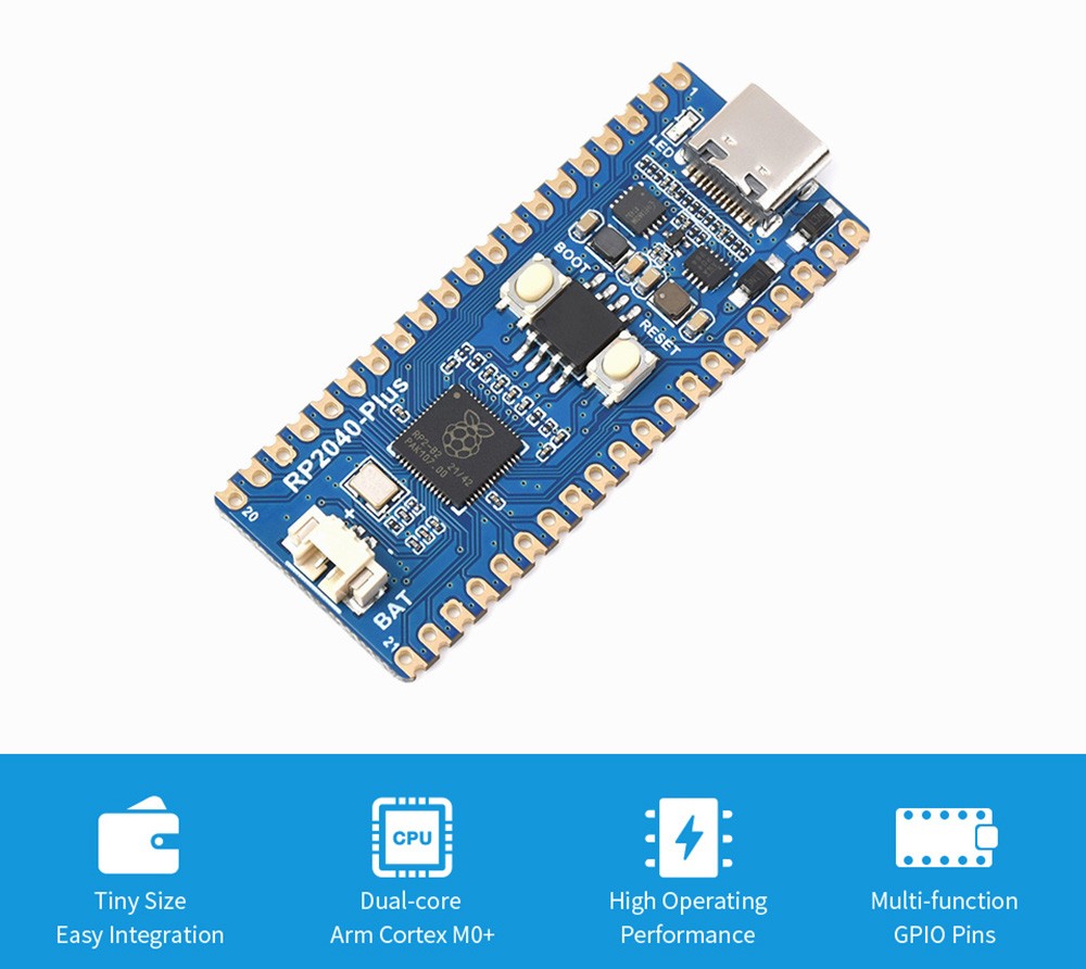 Waveshare RP2040-Plus, A Pico-like MCU Board Based on Raspberry Pi MCU RP2040, 4MB
