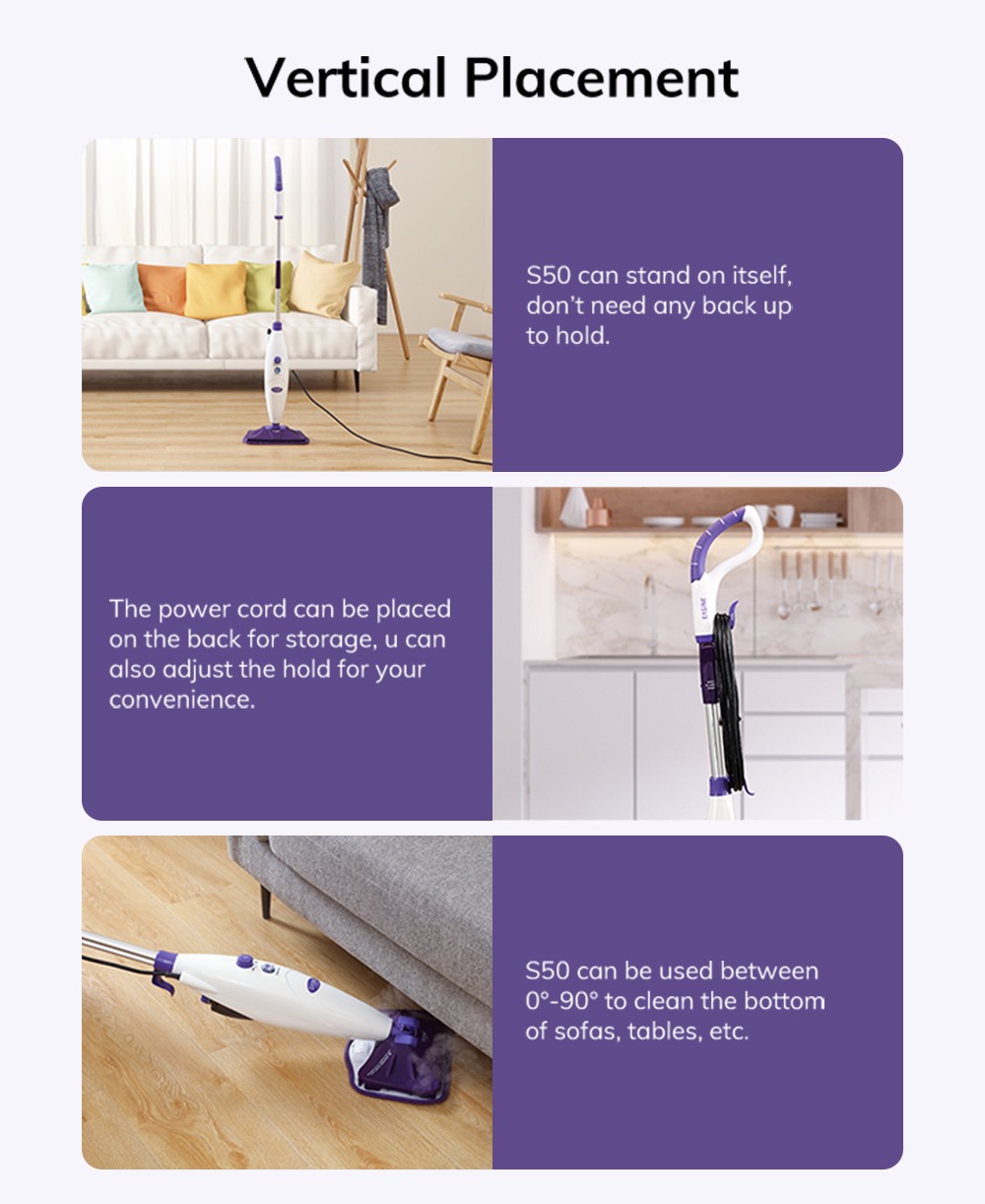 EASINE by ILIFE S50 Wired Steam Mop 1300W Power 450ml Water Tank 10 Levels Adjustable 20s Fast Steam 120 Degree Celsius High-Temperature 99% Sterilization Overheat Protection - Purple
