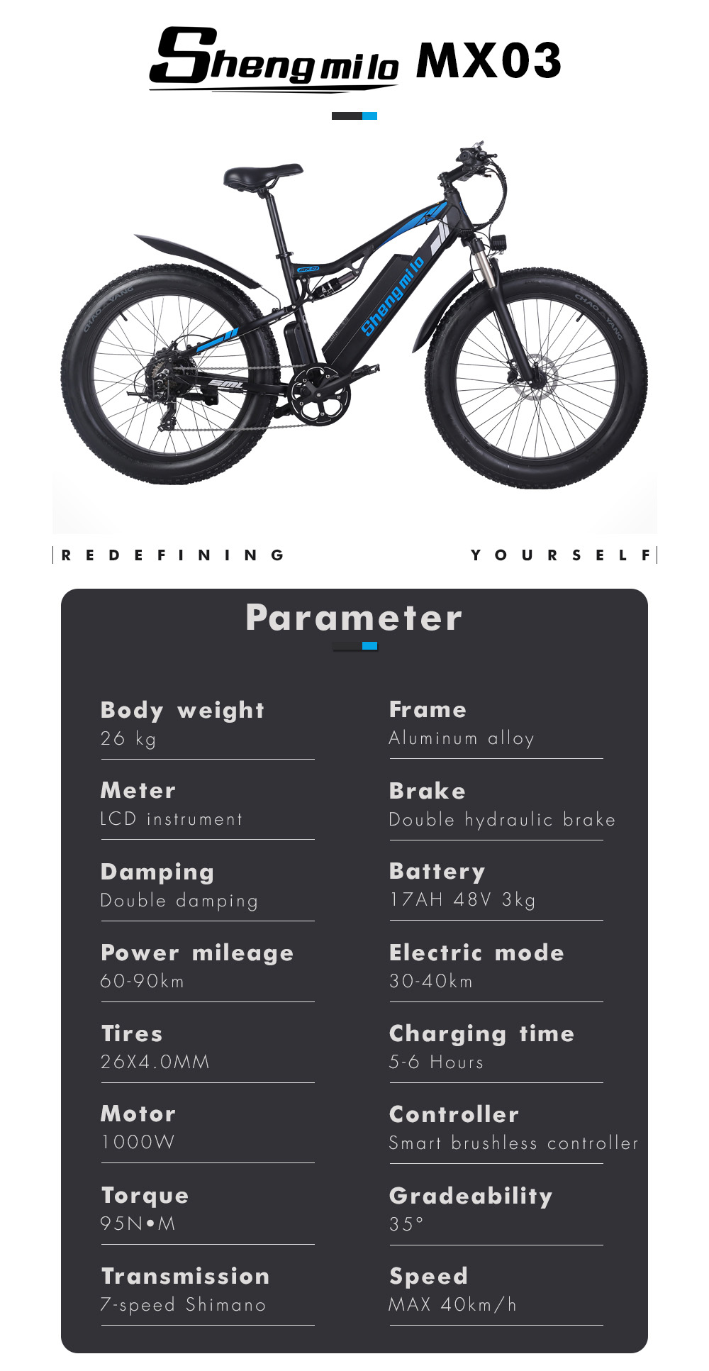 Shengmilo MX03 1000W 48V 17Ah 26 Inch E-bike 40km/h Max Speed 40-50km Mileage Range 180kg Max Load Electric Bike - Black 30 Shengmilo MX03 1000W 48V 17Ah 26 Inch E-bike 40km/h Max Speed 40-50km Mileage Range 180kg Max Load Electric Bike - Black -rockbros-shop 297a6fcf a3ae 4194 a44c f02399277940