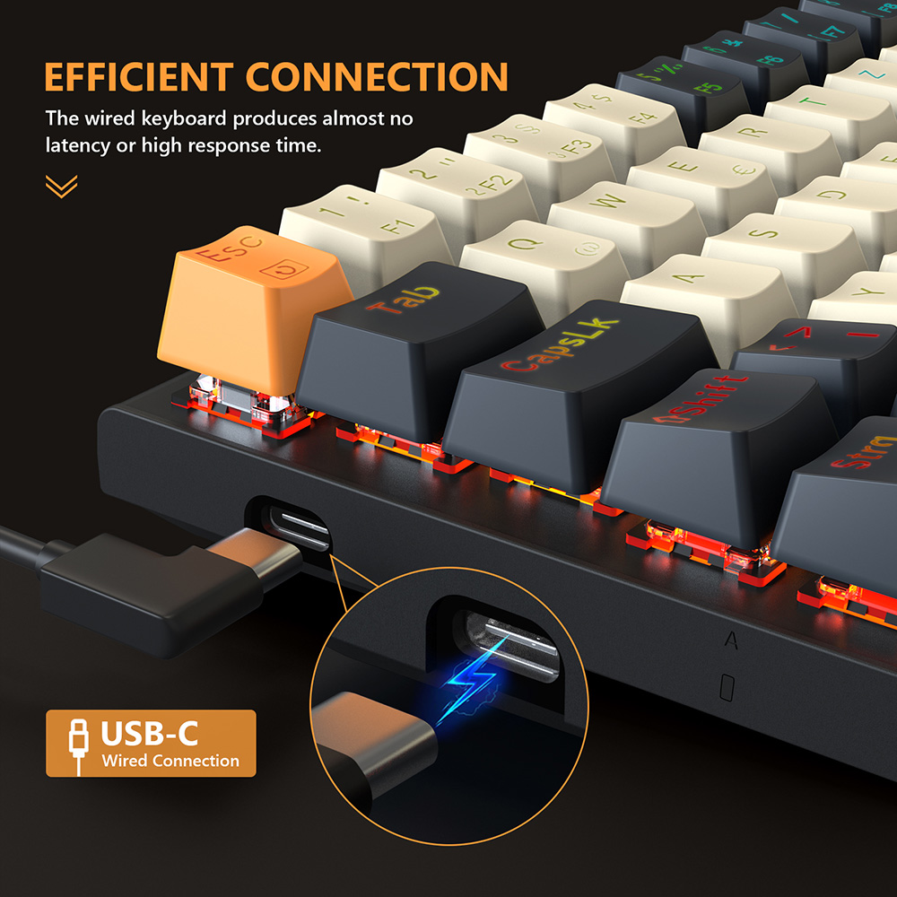 Redragon QWERTZ German Layout K633CGO-RGB Ryze 68-klávesová mechanická herná klávesnica, červené spínače RGB podsvietenie kovový panel káblové pripojenie USB-C, mechanické spínače vymeniteľné za chodu programovateľné klávesy farebné PBT klávesy so 4 extra spínačmi Outemu