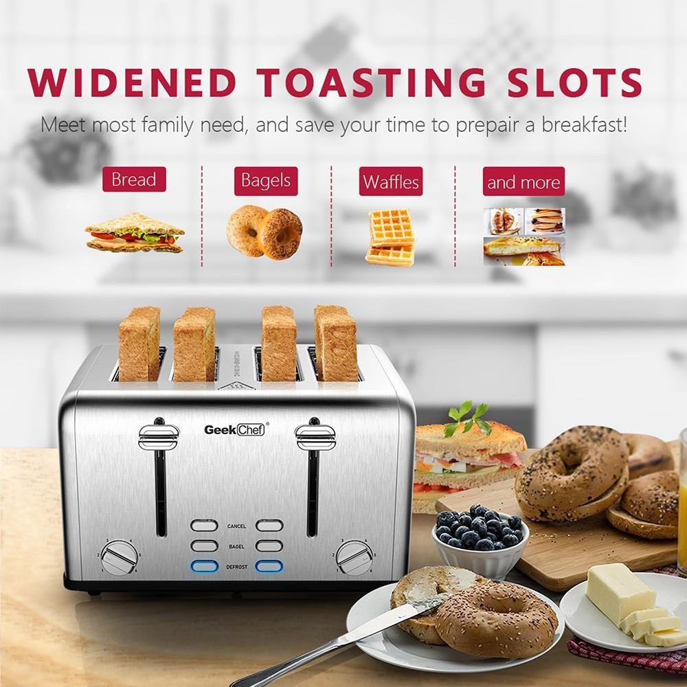 Geek Chef GTS4B-1 Toaster 4 Slice, 1650W Stainless Steel Toaster, 1.5 Inch Extra Wide Slots, Dual Control Panels, Auto Pop-Up, 6 Toasting Bread Shade Settings