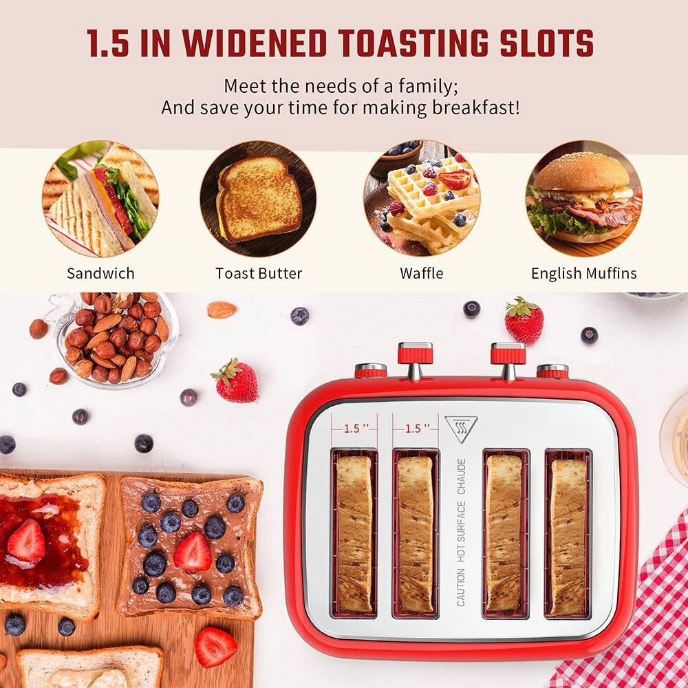 4-Slice Toaster, Extra Wide Long Slot Toaster With Warming Rack Removable Crumb Tray 6 Browning Settings Bagel Defrost Reheat Functions Stainless Steel Hou