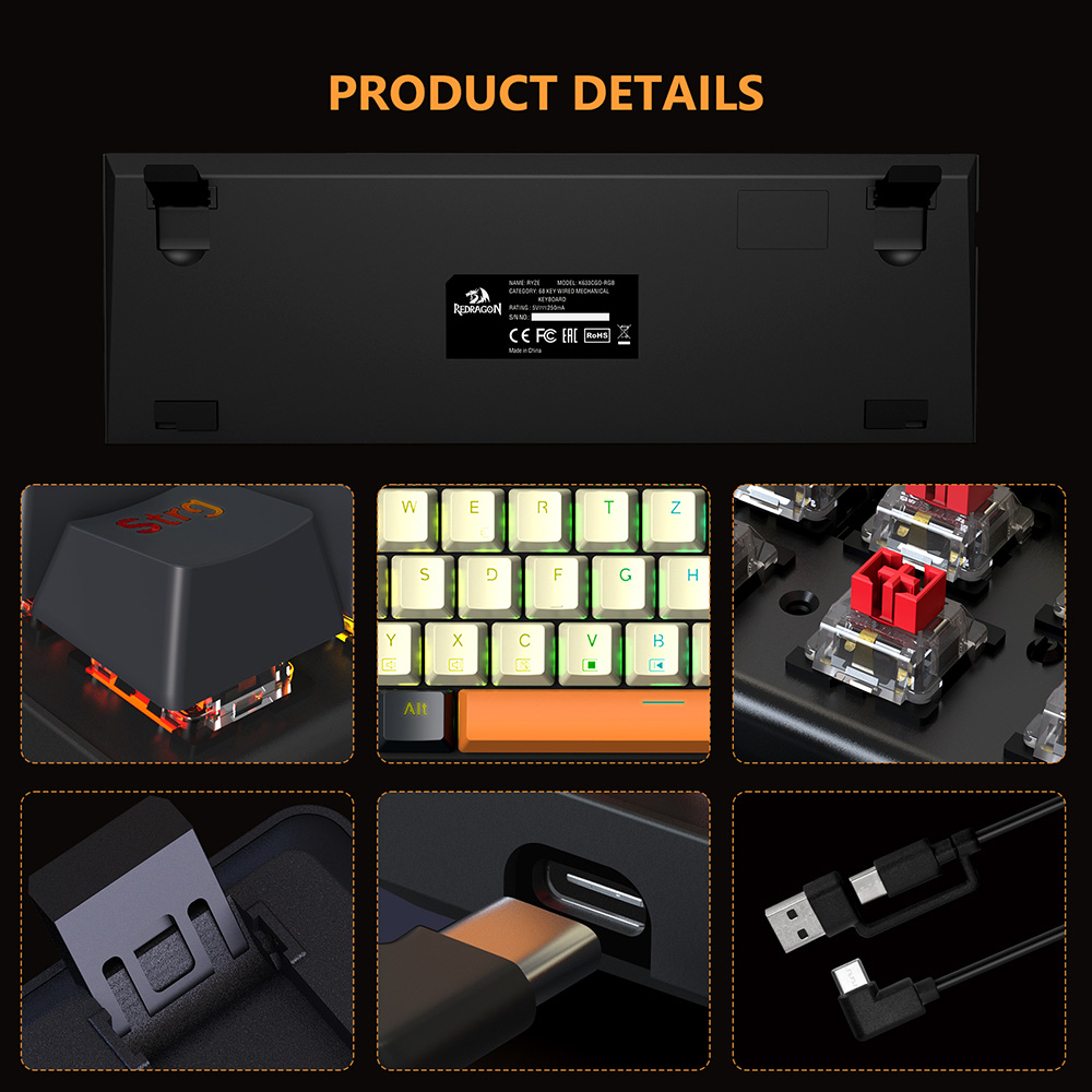 Redragon QWERTZ German Layout K633CGO-RGB Ryze 68-Key Mechanical Gaming Keyboard, Red Switch RGB Backlight Metal Panel USB-C Wired Connection, Hot-Swap Mechanical Switches Programmable Keys Colorful PBT Keycaps with 4 Extra Outemu Switches