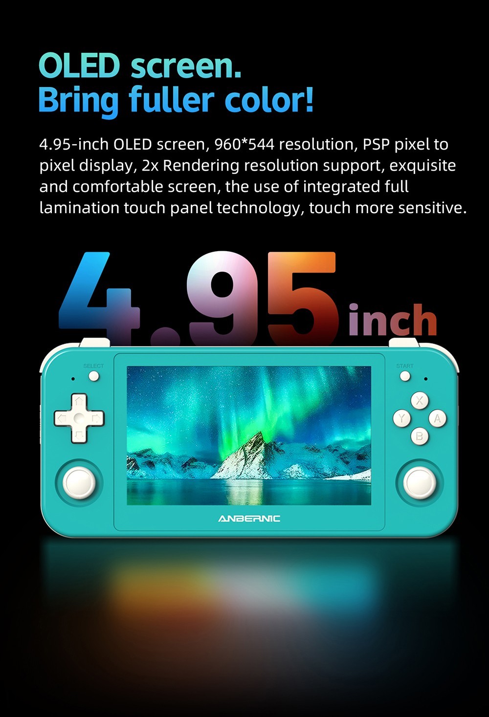 ANBERNIC RG505 Handheld Game Console, Unisoc Tiger T618 64-bit Cota-core, 4.95'' OLED Touch Screen, 4+128GB Memory, Android 12, 5000mAh Battery, 8H Play Time, 2.4/5G WiFi - Turquoise