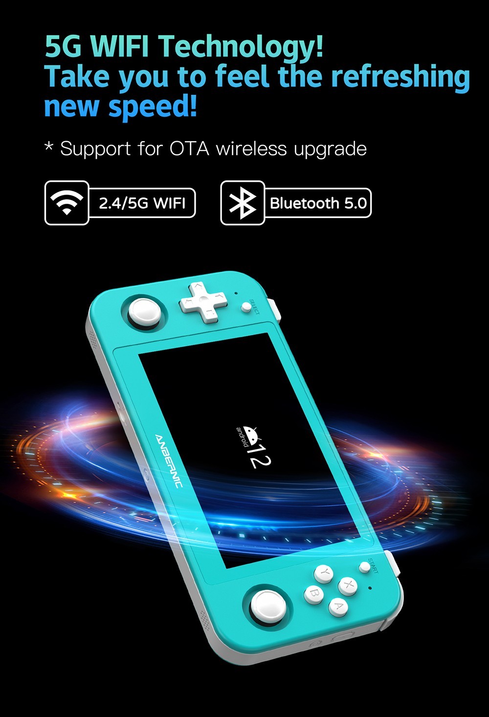 ANBERNIC RG505 Handheld Game Console, Unisoc Tiger T618 64-bit Cota-core, 4.95'' OLED Touch Screen, 4+128GB Memory, Android 12, 5000mAh Battery, 8H Play Time, 2.4/5G WiFi - Turquoise