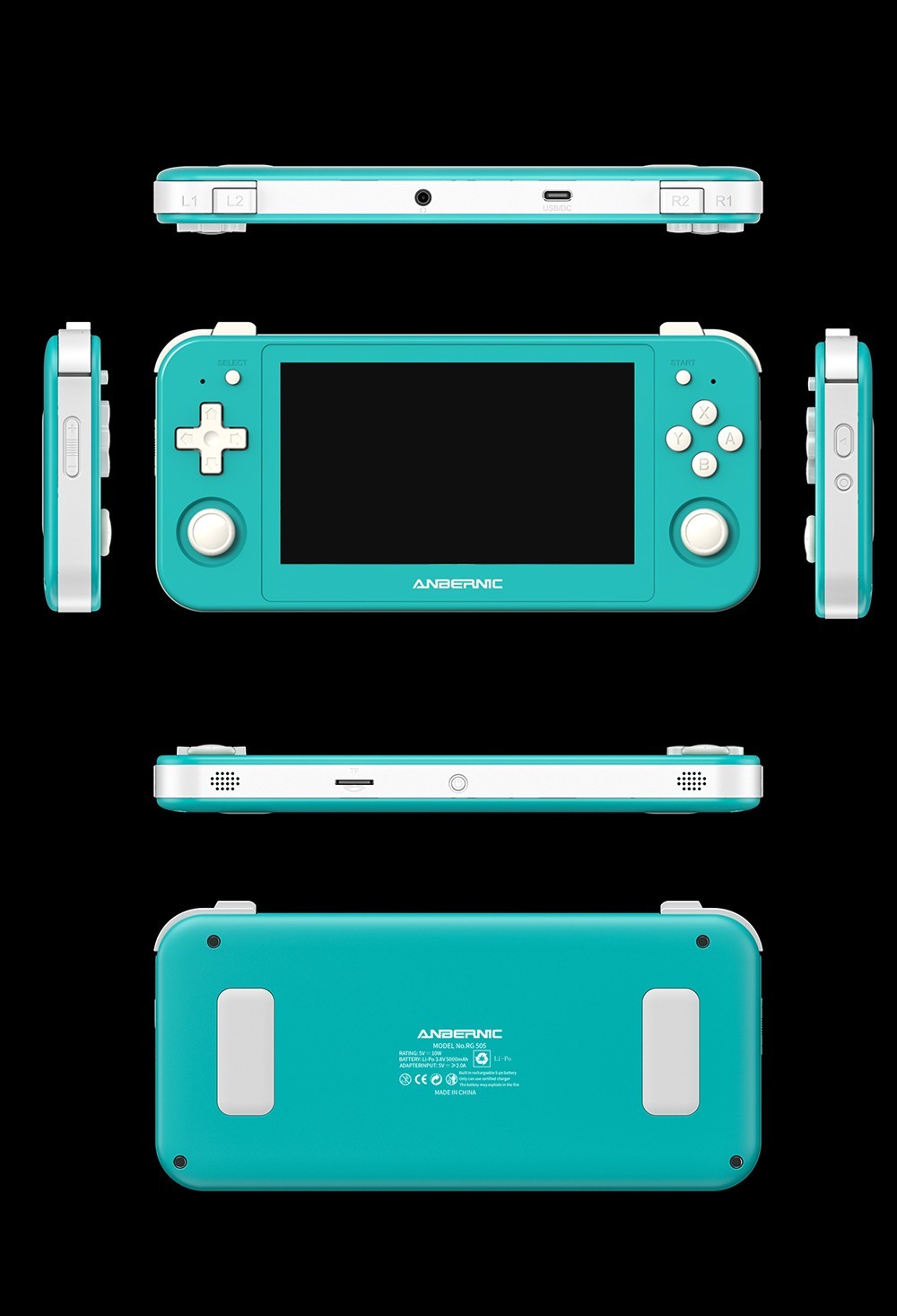 ANBERNIC RG505 Handheld Game Console, Unisoc Tiger T618 64-bit Cota-core, 4.95'' OLED Touch Screen, 4+128GB Memory, Android 12, 5000mAh Battery, 8H Play Time, 2.4/5G WiFi - Turquoise