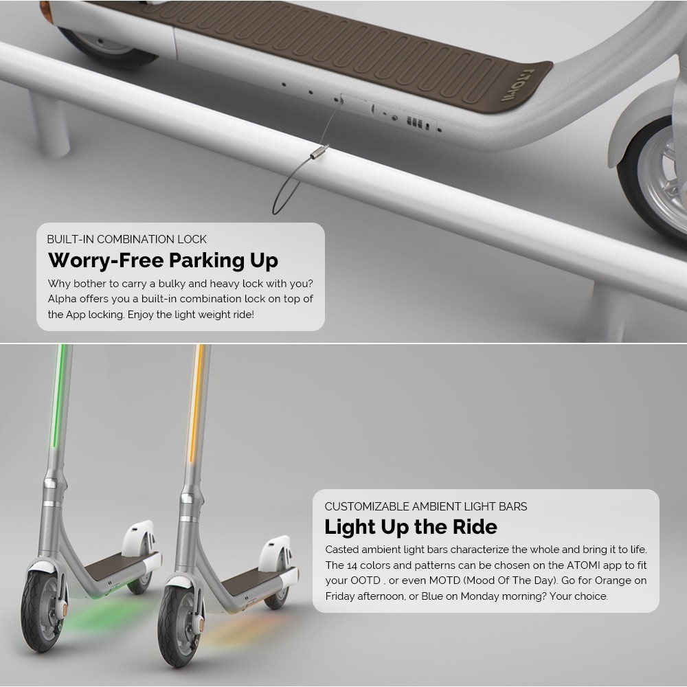 Atomi Alpha Folding Electric Scooter 9 Inch Tires 650W Motor 36V 10Ah Battery For 25 Miles Range 25Km/h Max Speed 120KG Max Load Support App Control Built-in Combination Lock - Green -rockbros-shop Atomi Alpha Electric Scooter Green 519053 7