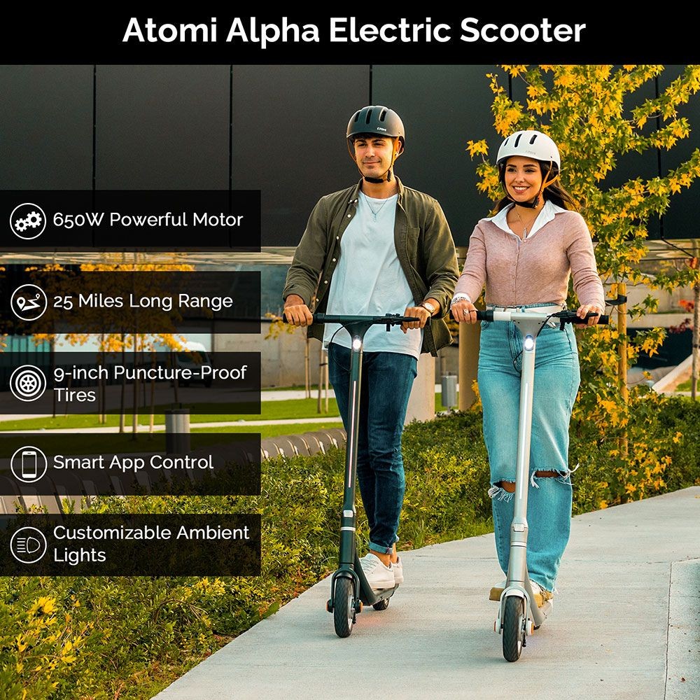 Atomi Alpha Electric Scooter 9 Inch Tires 650W Motor 36V 10Ah Battery For 25 Miles Range 25Km/h Max Speed 120KG Max Load Support App Control - White 14 Atomi Alpha Electric Scooter 9 Inch Tires 650W Motor 36V 10Ah Battery For 25 Miles Range 25Km/h Max Speed 120KG Max Load Support App Control - White -rockbros-shop Atomi Alpha Electric Scooter White 519055 0