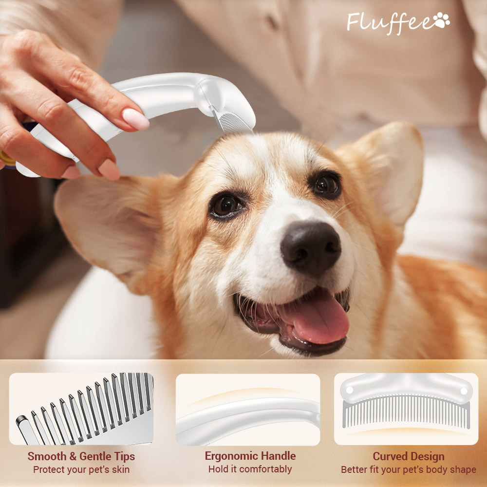 Fluffee Pet Hair Comb with Negative Ion, 3 Replaceable Combs, 700mAh Rechargeable Battery, Remove Floating Hair, Prevent Cat Ringworm - White