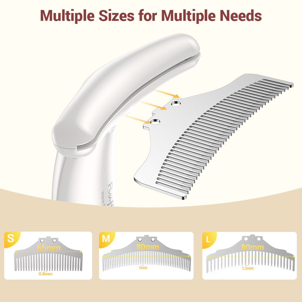 Fluffee Pet Hair Comb with Negative Ion, 3 Replaceable Combs, 700mAh Rechargeable Battery, Remove Floating Hair, Prevent Cat Ringworm - White