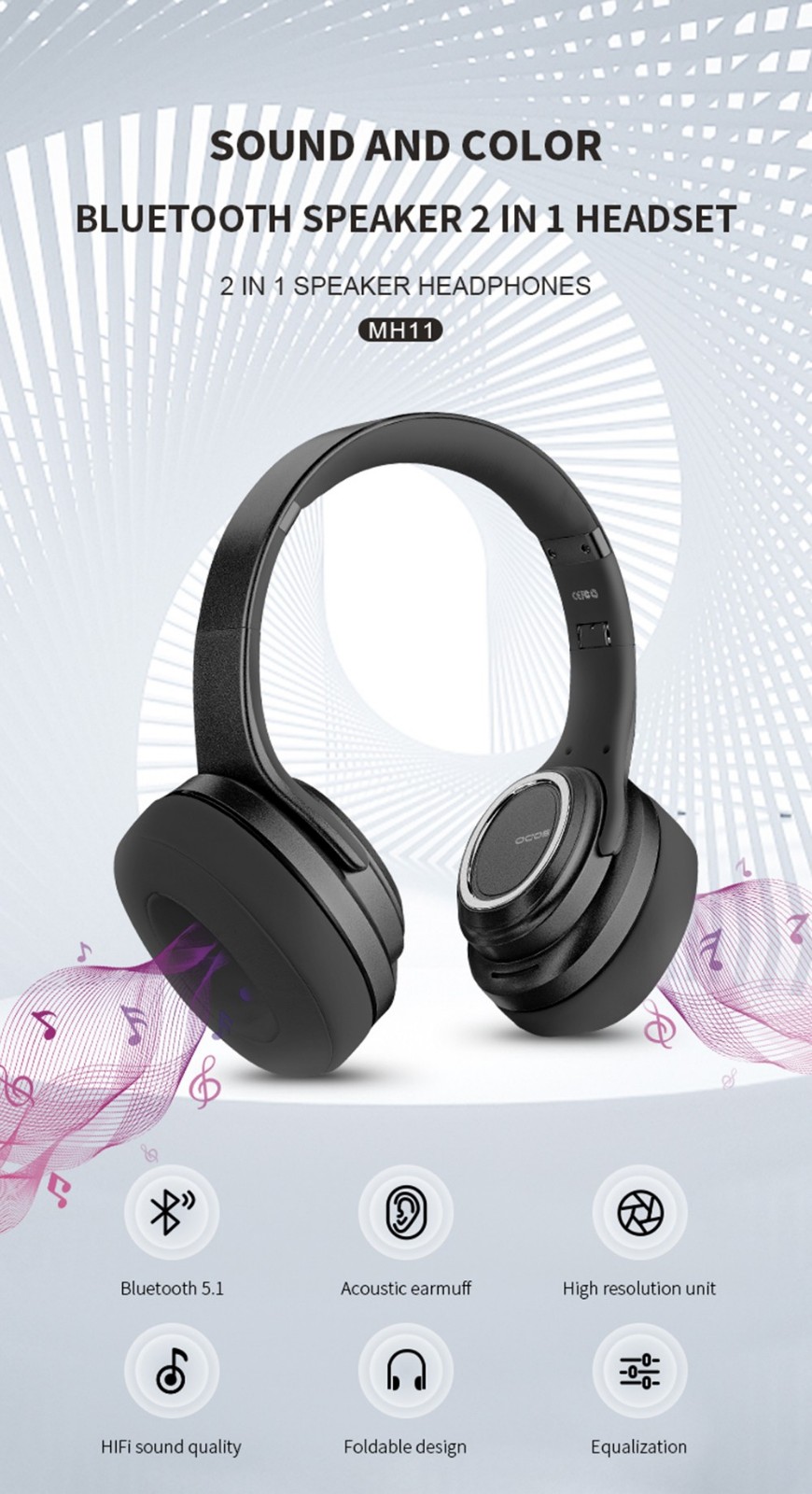 SODO MH11 2-in-1 Wireless Bluetooth Headphone & Speaker, Built-in 3-EQ Foldable Headset With Mic Support TF Card - Black -Headphones & Earphones shop SODO MH11 2 in 1 Wireless Bluetooth Headphone Speaker Black 518977 0