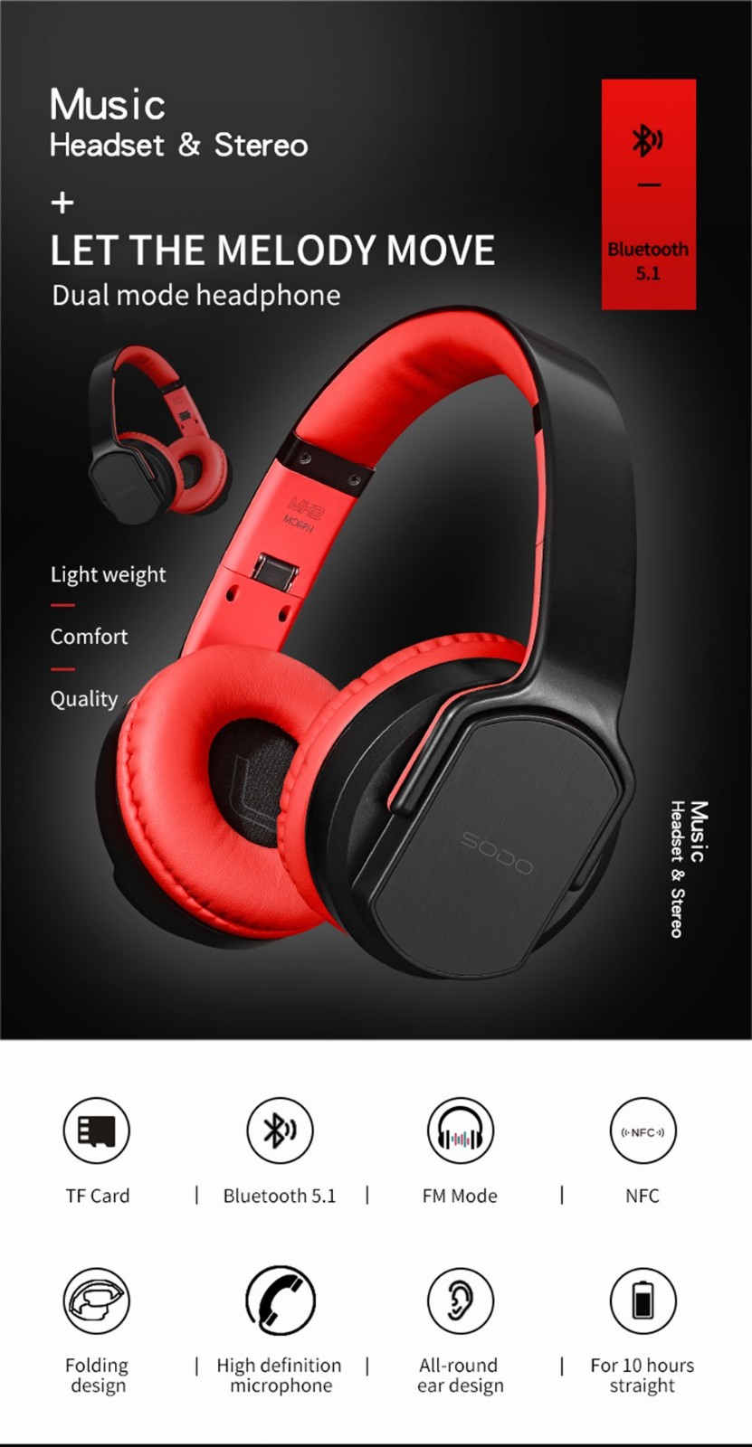 SODO MH2 Wireless Bluetooth Headset, Headphone & Speaker Modes, Support TF Card, FM - Red 14 SODO MH2 Wireless Bluetooth Headset, Headphone & Speaker Modes, Support TF Card, FM - Red -Headphones & Earphones shop SODO MH2 Wireless Bluetooth Headset Red 518963 0