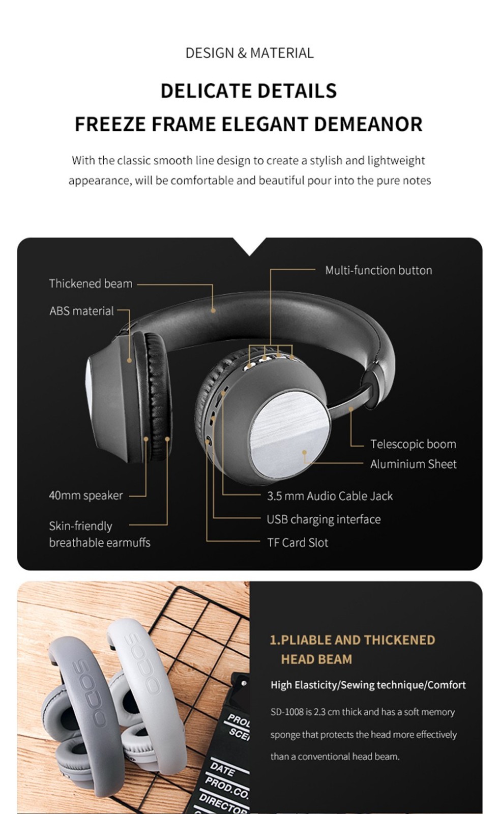 SODO SD-1008 Wireless Bluetooth Headphone BT 5.0 - Black -Headphones & Earphones shop SODO SD 1008 Wireless Bluetooth Headphone BT 5 0 Black 518945 4