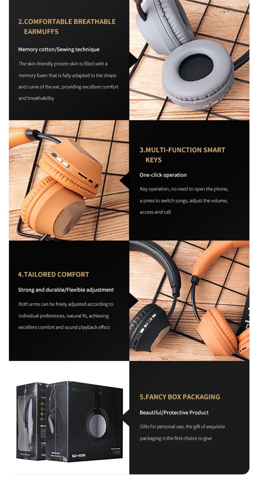 SODO SD-1008 Wireless Bluetooth Headphone BT 5.0 - Light Grey -Headphones & Earphones shop SODO SD 1008 Wireless Bluetooth Headphone BT 5 0 Light Grey 518946 5