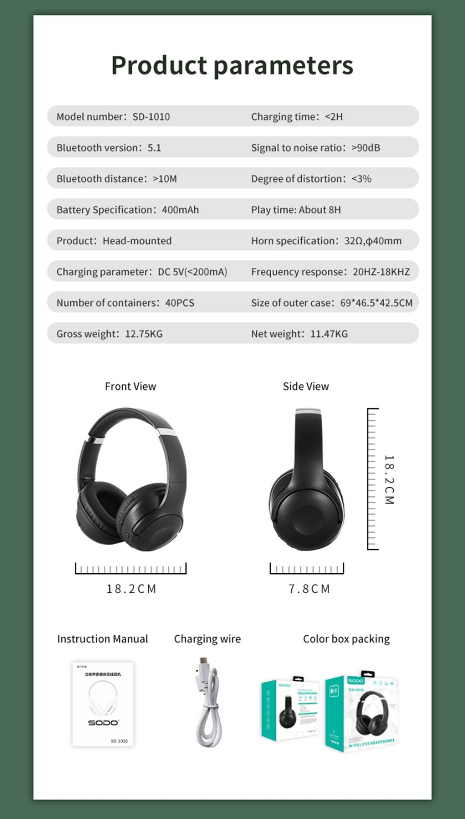 SODO SD-1010 Wireless Bluetooth Headphone BT 5.1, Heavy Bass, Up To 8H Play Time - Black -Headphones & Earphones shop SODO SD 1010 Wireless Bluetooth Headphone Black 518957 8