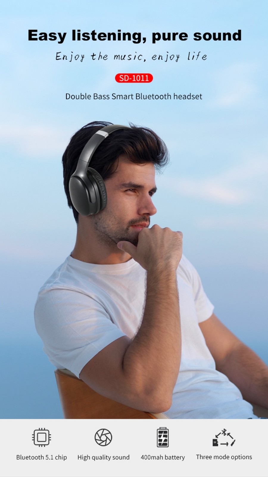 SODO SD-1011 Double Bass Smart Bluetooth Headset HiFi Sound, Bluetooth 5.1, Adjustable Tie - Pink -Headphones & Earphones shop SODO SD 1011 Double Bass Smart Bluetooth Headset Pink 518965 0