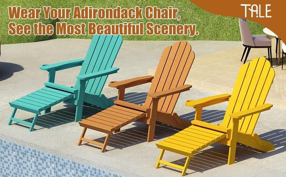 TALE AC02Y Adirondack Chairs With Cup Holder, High Plastic Wood Patio Chairs, 380lbs Load Capacity, Pull Out Ottoman, Weather Resistant - Yellow -NEWTRAL Sales Shop TALE AC02Y Adirondack Chairs with Cup Holder Yellow 519130 1