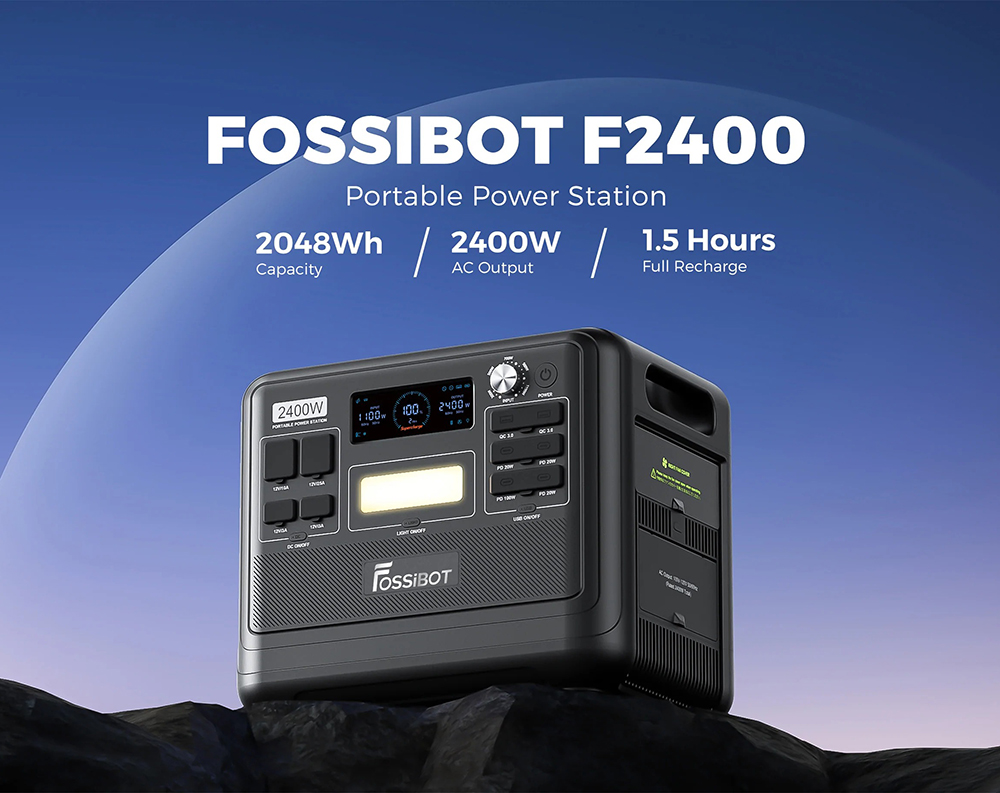 FOSSiBOT F2400 便携式电站，2048Wh/640000mAh LiFePO4 电池，2400W（4600W 峰值）太阳能发电机，3xAC RV Car USB Type-C QC3.0 PD DC5521 纯正弦波全插座，1.5 小时快速充电，UPS 功能，MPPT 充电控制器 BMS - 黑色的